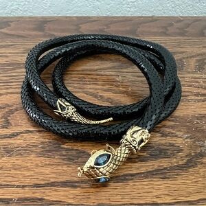Vintage DL Auld Black Metal Mesh Gold Sapphire Blue Eyes Belt Necklace
